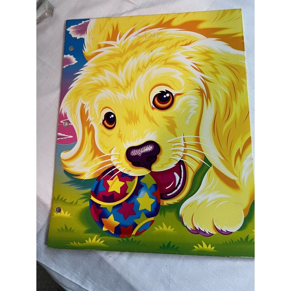 Vintage Lisa Frank Bifold 3 Hole Pocket Folder Golden Lab Puppy With Ball